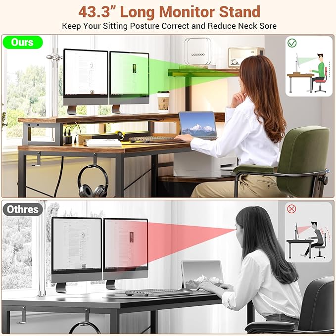 Aheaplus Gaming Desk with LED Strip & Power Outlet, 59Inch Reversible Computer Desk with Monitor Stand & Storage Shelves, Home Office Desks with Fabric File Drawer, Gamer Table PC Desk, Rustic Brown