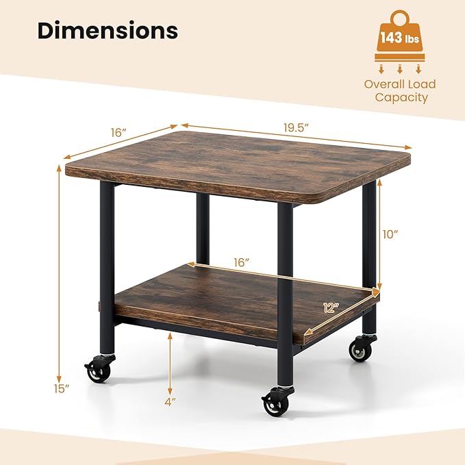 Giantex Under Desk Printer Stand, 2-Tier Mobile Printer Table with Storage Shelf, Lockable Wheels & Metal Frame, Rolling Printer Cart Holder, Storage Rack for Home Office Scanner Fax Machine (Brown)