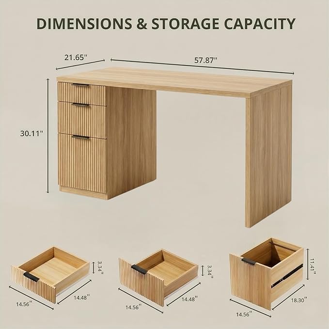 FURSUN 58" Home Office Desk with Power Outlet & File Cabinet, Modern Fluted Executive Desk with 3 Storage Drawers, Large Computer Workstation for Study & Bedroom, Oak