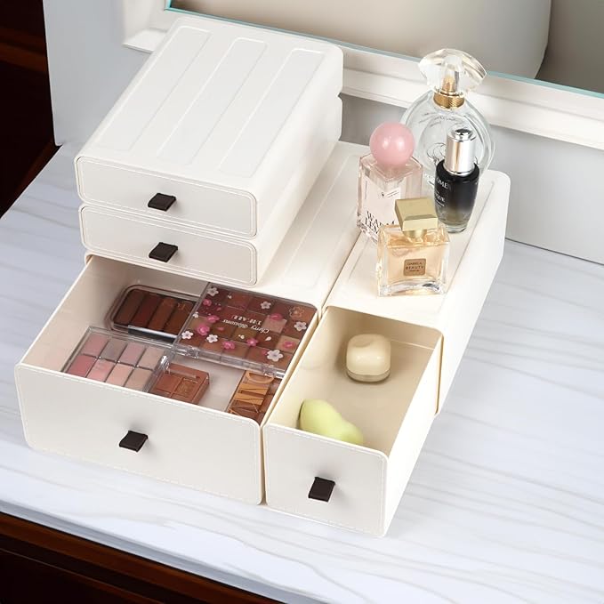 ZEXALOR White Desk Organizer with Drawers, Dresser Desktop Makeup Nightstand Organizer, Storage Drawer for Small Spaces Pens Stationary Cosmetic Junk, Office Supplies and Accessories (4-Drawer)