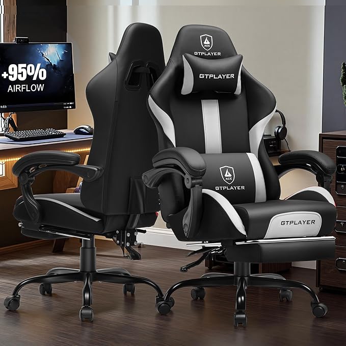 GTPLAYER Gaming Chair with Foot Rest & Pocket Spring Cushion, Ergonomic High Back Computer Chair with Headrest & 360°-Swivel Seat for Home Office Desk, PU Leather, White/Black