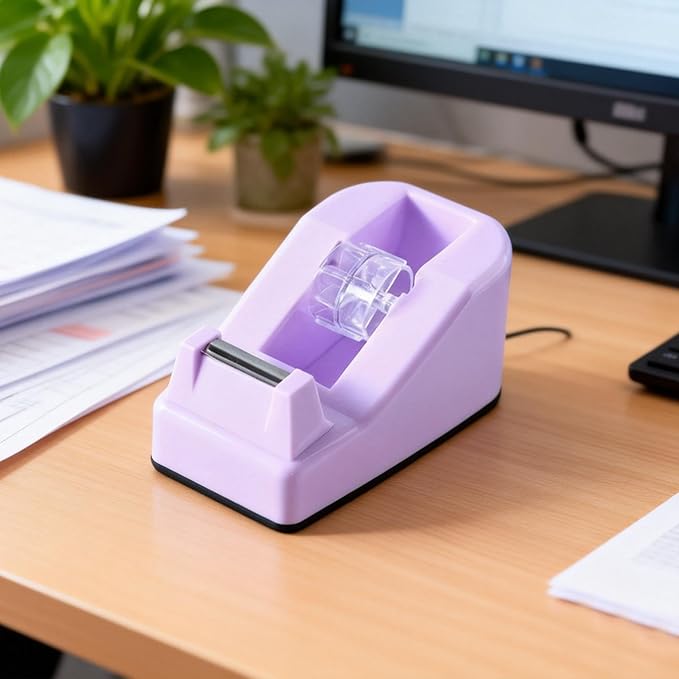 XEUZK Desktop Tape Dispenser Kits with Weighted Nonskid Base Tape Dispenser- Includes 9 Rolls of Transparent Tape(0.71 Inch x 500 inches Each) & Pink Scissors, 2 Pcs Tweezers (Purple)