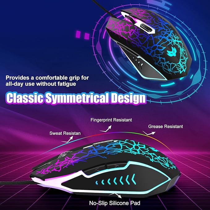 Wired Gaming Mouse, 4-Color LED Light Computer Mouse, Ergonomic Mouse with 6 Silent Click Buttons, 3 Adjustable 2400 DPI USB Wired Mouse for Laptop, PC, Mac, Black