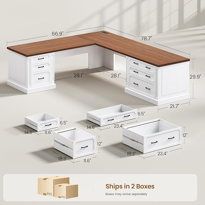 SEDETA Farmhouse 78.7" Executive L Shaped Desk with 6 Drawers, Home Office Desk with Power Outlet, File Cabinet Storage, Wood Corner Computer Desk for Work and Study, White