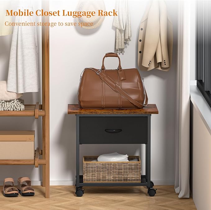 DAOUTIME 2-Tier Printer Stand with Storage Drawer, Under Desk Printer Table with Shelves, Mobile Printer Cart on Wheels for Small Spaces/Home Office, Fits 3D Printer Scanner, Rustic Brown and Black