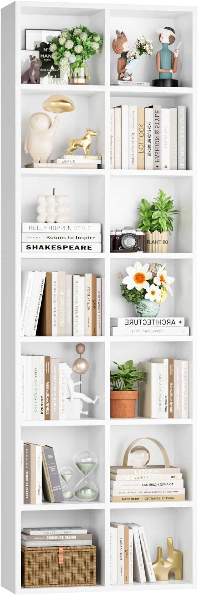 FOTOSOK 71'' Tall Bookshelf with 14 Cubes, 7 Tier Double Wide White Bookshelf with 6 Adjustable Shelves, 19.6" Narrow Bookcase DVD/CD Media Storage, Space Saving Display Shelf Cabinet, White