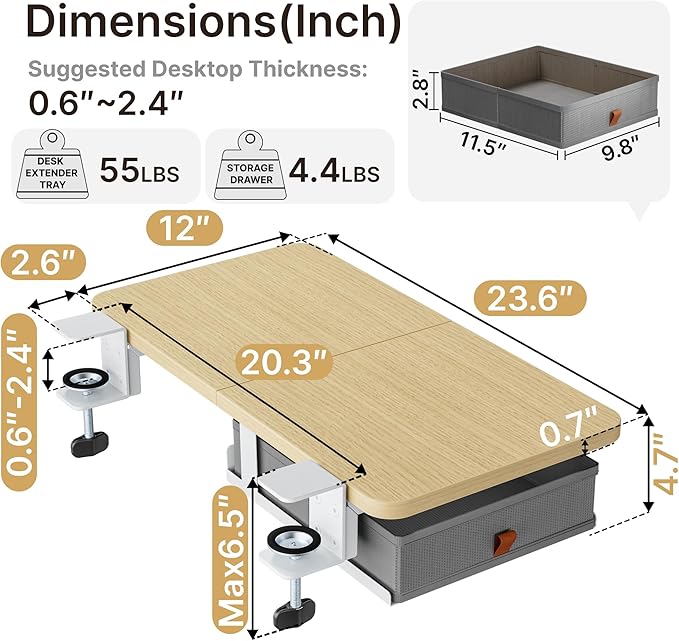 PEGZONE Desk Extender Tray, 24" x 12" Clamp On Desk Shelf, Desk Extension with Storage Drawer, Table Desk Arm Rest, Clamp On Keyboard Tray for Office and Home, Workstation Organizer, Medium, Wood