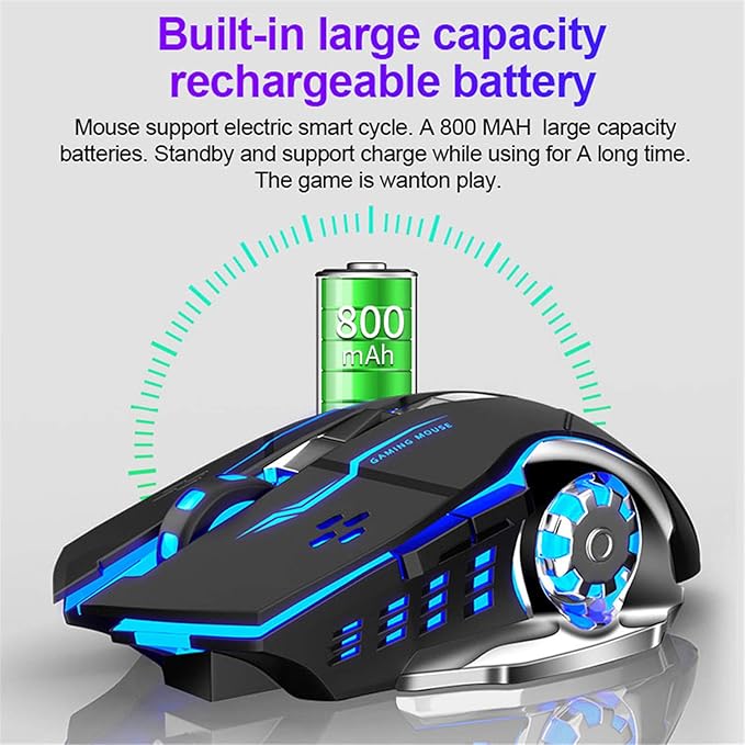 AULA SC100 Silent Wireless Gaming Mouse Rechargeable, with Side Buttons, LED Backlit, DPI Adjustable, 2.4G Wireless Optical Computer Mice Punk Cool Mouse for Games/Work (Black)