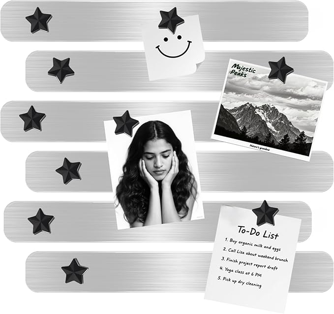Magnetic Board - Frameless Stainless Iron Magnetic Strips with Adhesive Backing, 6pcs Magnet Board for Wall, Bulletin Bar Board with 10 Pieces Black Star Magnet, Memo Bar for Office School Home