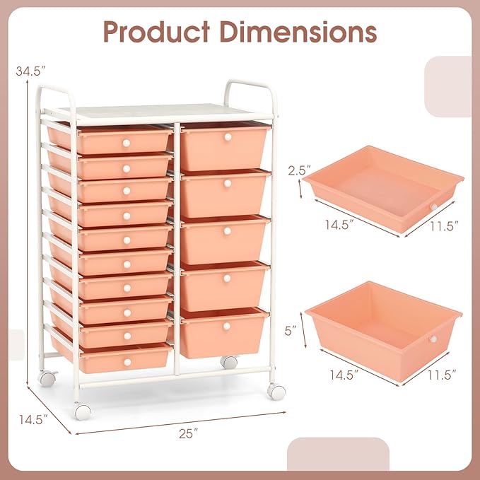Moccha 15-Drawer Rolling Storage Cart - Under Desk Storage Drawers with wheels for Craft Art Supply Paper Salon, Scrapbook Paper Tools, Mobile Utility Cart for Classroom (15 Drawers, Peach)
