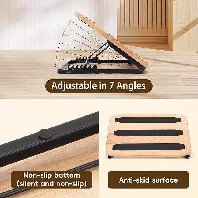 Foot Rest for Under Desk at Work-Adjustable Ergonomic Under Desk Foot Rest- 7 Adjustable Angles Wood Desk Footrest, Under Desk Foot Rest for Office Leg Rest - Natural-with Blue Cushions