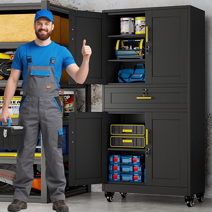 61" Metal Garage Storage Cabinet with Wheels and Locking Doors and Tall Rolling Steel Tool Cabinet with 5 Adjustable Shelves for Garage,Home,Office,Shop (Black, 71" H x 35.43W x 15.74" D)
