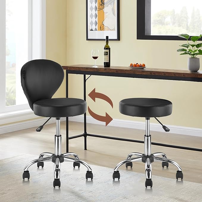 KLASIKA Pu Leather Round Rolling Swivel Salon Stool Chair, with Adjustable Height and Back Support for Office Massage Facial Spa Medical Drafting Tattoo Beauty Barber Black 4PK