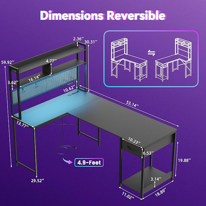 Apicizon L Shaped Gaming Desk 53", Reversible Corner Computer Desk with LED Lights, Carbon Fiber Surface, Pegboard with Hooks, Drawer & PC Tower Stand, USB Charging Port
