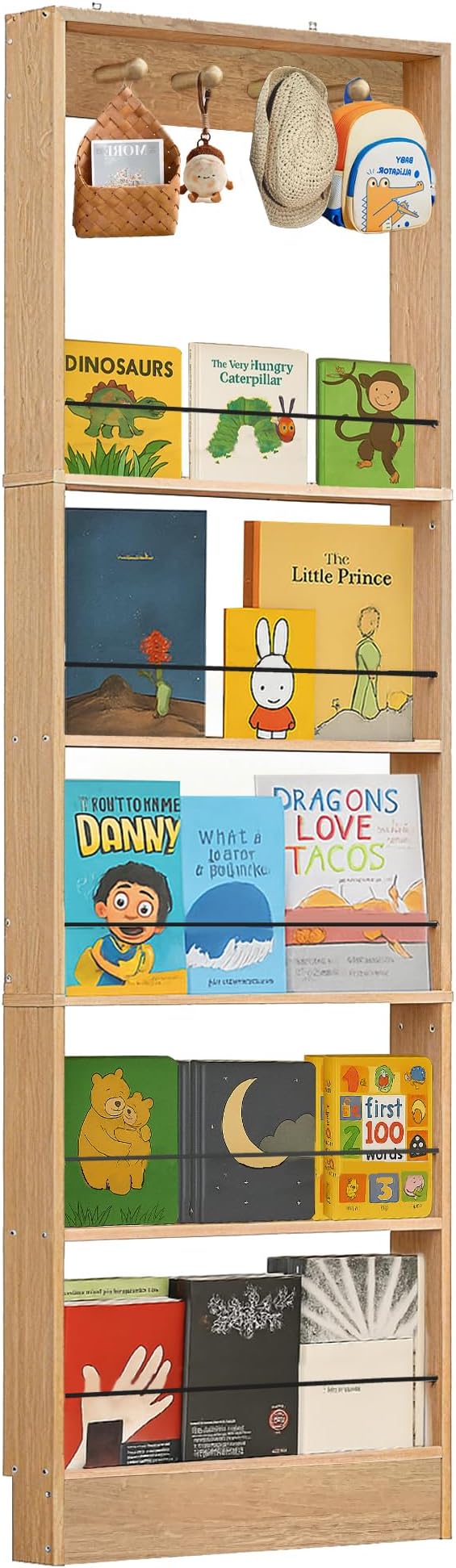 Behind The Door Bookshelf Kids,Wooden Behind Door Bookshelf, 5-Tier Bookcase Book Shelf Space-Saving Organizer Storage for Toys and Story Books Wall Mount Shelves with Hooks(Oak)