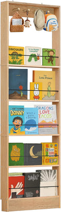 Behind The Door Bookshelf Kids,Wooden Behind Door Bookshelf, 5-Tier Bookcase Book Shelf Space-Saving Organizer Storage for Toys and Story Books Wall Mount Shelves with Hooks(Oak)