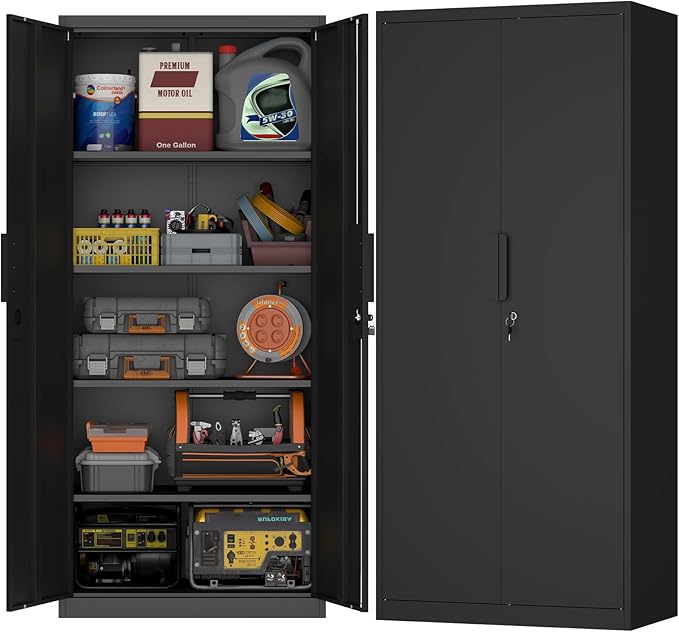 71" H Metal Garage Storage Cabinets with Lock, Black Metal Storage Cabinet with Doors and Shelves, Tall Locking Cabinets for Garage, Kitchen, Office