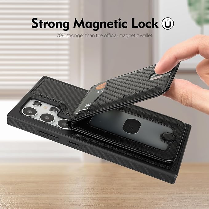 SkyEagle Compatible with Magsafe 2 in 1 Detachable Samsung Galaxy S25 Ultra Wallet Case with Card Holder,Women Men Magnetic PU Leather RFID Blocking Flip Kickstand Credit Slots,Carbon Black