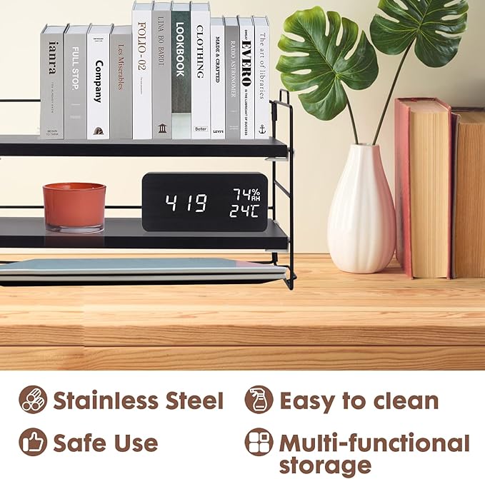 PowerKing Desk Shelf Organizer, 2-Tier Desktop Shelves with Wood Board, Adjustable Bookshelf Storage Rack for Home Office School Study Room (Black Frame + Black Wood)