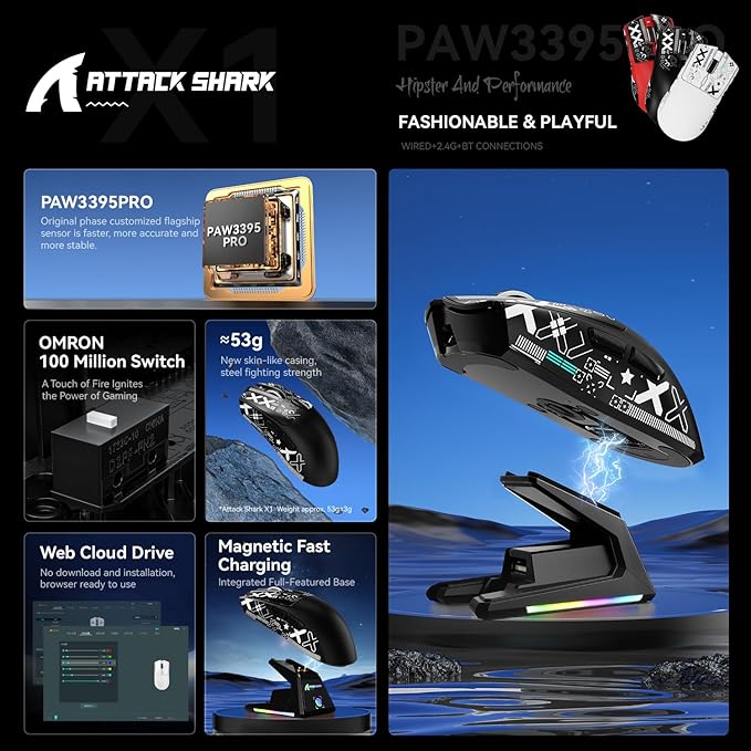 X1 Superlight Wireless Gaming Mouse with RGB Magnetic Charging Dock, BT/2.4G Wireless/Wired Gaming Mouse, PAW3395PRO Gaming Sensor, 40000DPI, Tape, 53g Office Mice for PC/Mac/Win/Xbox (Black)