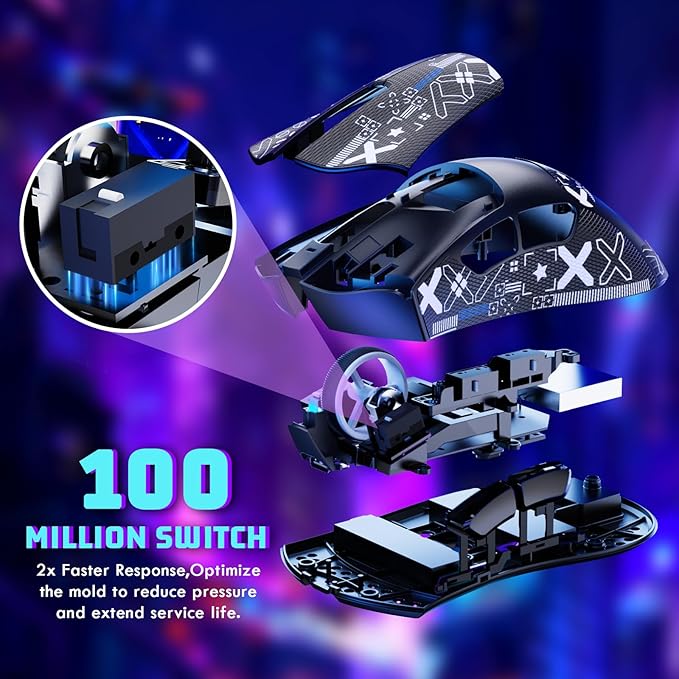 MAMBASNAKE Attack Shark V3 Wireless Gaming Mouse,Adjustable 25K DPI PAW3311 Optical Sensor,Ergonomic Lightweight 5 Programmable Buttons 500mAH Battery,2.4G/BT/USB-C Wired for PC/Mac-Black&Griptape