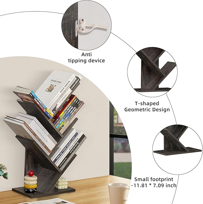 SHEEPAM 5 Tier Tree Book Shelf, Small Desktop Bookshelf with Storage Organizer, Wood Bookcase, Desk Display Bookshelves, Floor Standing Organizer Bookcases for Living Room,Bedroom,Office-Dark Grey