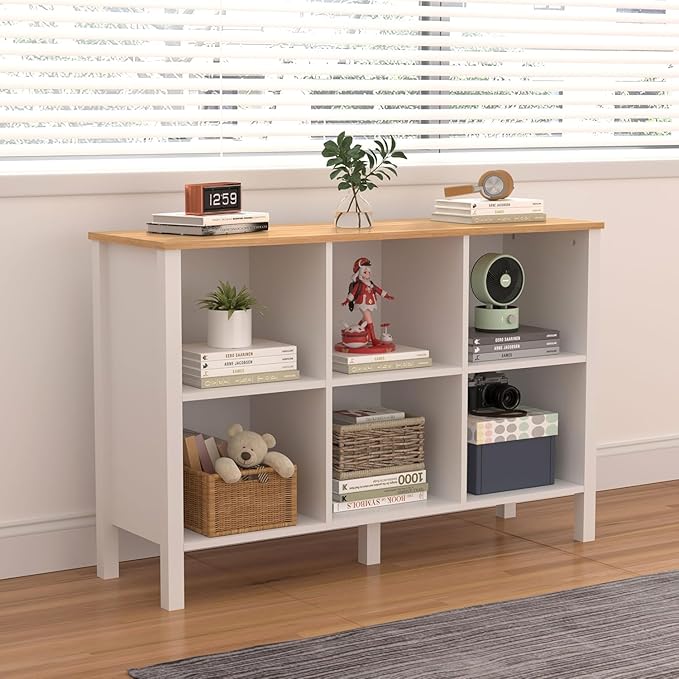 6-Cube Bookcase, Farmhouse Wooden Bookshelf Low Storage Organizer, 45" Horizontal White Console with Legs, Hallway Book Case for Entryway, Display Cabinet for Living Room (White, 6-Cube)