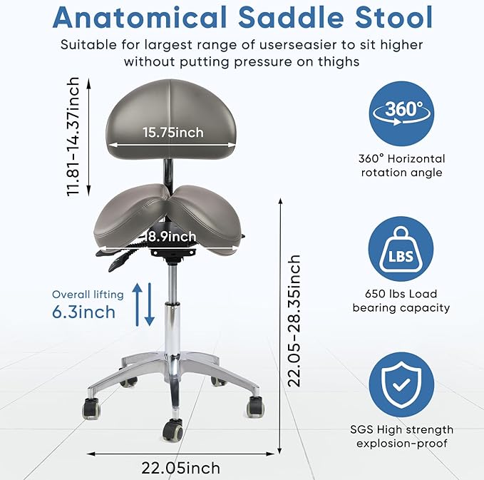 Saddle Stool with Wheels,Rolling Stool with Back Support&Split Seats,Ergonomic Stool Saddle Stool for Hair Stylist for Dentist Salon Tattoo(Drak Grey