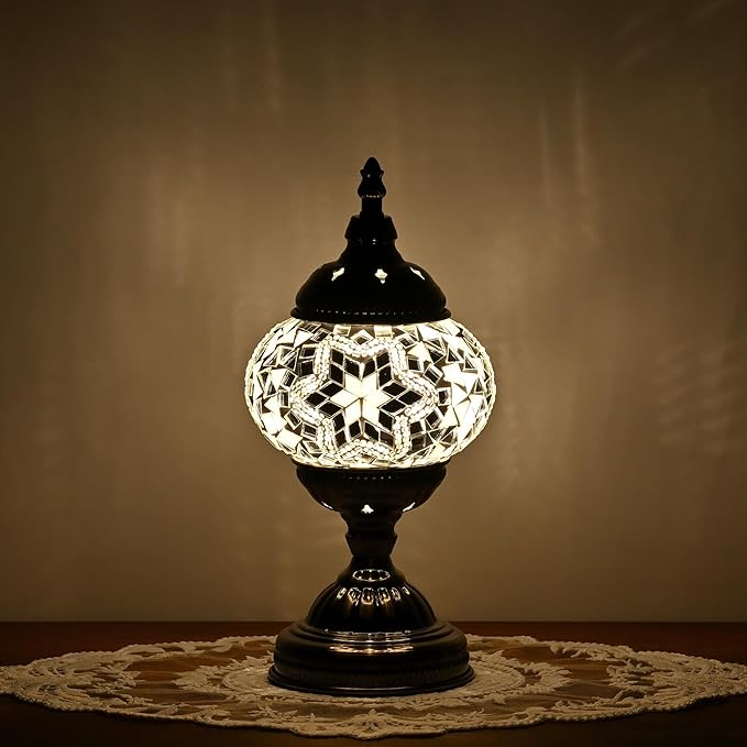 GOGERS Turkish Moroccan Table Lamp Lantern with Handmade Mosaic Glass Lampshade Tiffany Style Bohemian Stained Glass Decorative Desk Lamps Bedside Night Lights for Bedroom (White 2)
