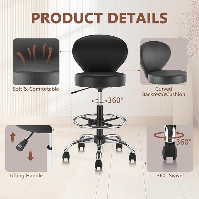 KLASIKA Black PVC Faux Leather Drafting Chair Set of 2 Rolling Swivel Salon Stool with Back Support Foot Rest Adjustable Hydraulic Seat Height for Massage Facial Spa Medical Drafting Tattoo Beauty