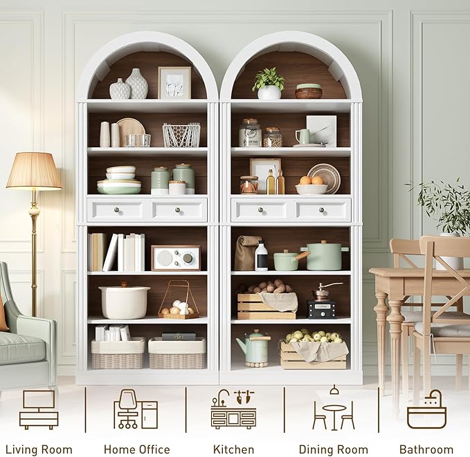RALGEND Arched Bookshelf, 73" Tall Arch Bookcase with Drawers, 6-Tier Farmhouse Book Shelf, Wooden Bookshelf with Open Display Shelves for Living Room, Office, Adjustable Shelf, Walnut and White