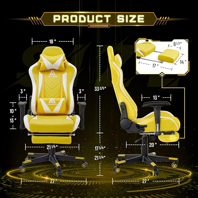 AA Products Gaming Chair - High Back Ergonomic Racing Chair with Footrest, Lumbar Support & Swivel - YellowWhite