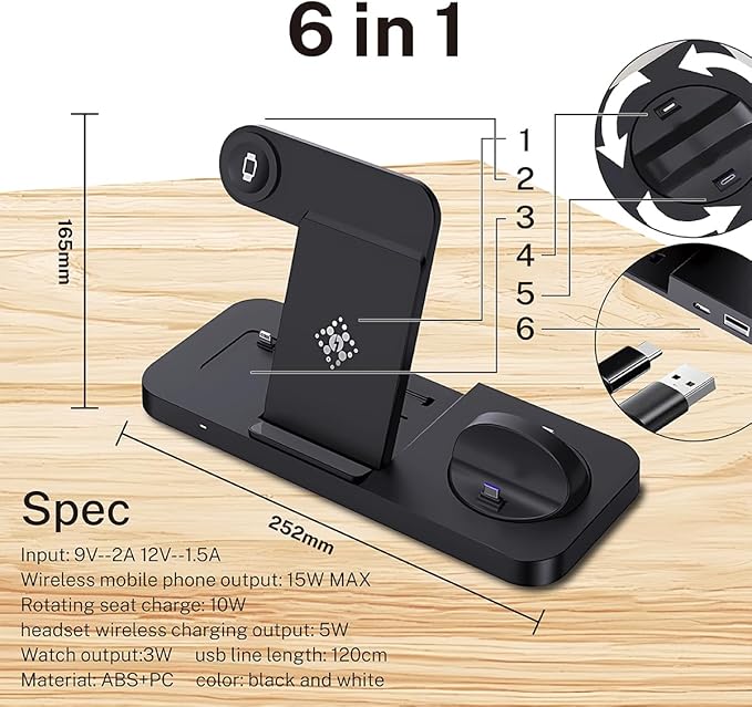 6-in-1 Fast Wireless Charging Station for iPhone 16/15/14/13, Apple Watch Ultra/9/8, AirPods Pro,18W Qi-Certified (B21A-C-BLACK)