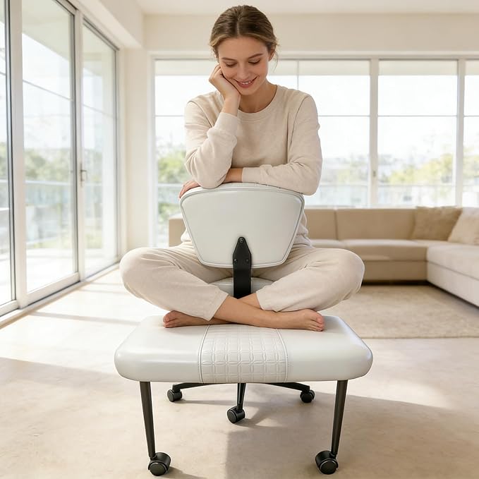 Meditation Chair with Footrest, 360° Swivel Height Adjustable Criss Cross Chair, White PU Padded Wide Seat, Home Office Desk Chair for Reading, Yoga, Peaceful Living