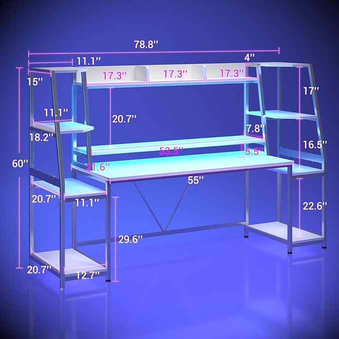 SEDETA White Gaming Desk 78.8'' with LED Lights, Hutch and Storage Shelves, Computer Desk with Monitor Stand, Large PC Gamer Desk Workstation, Ergonomic Gaming Table for Bedroom, Living Room