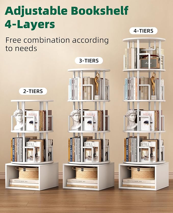 Kalrin 5 Tier Rotating Bookshelf with Extra Storage Cabinet, 360°Spinning Corner Bookshelf, Floor Standing Bookcase for Kids & Adult, Narrow Book Shelf for Bedroom Living Room, Pure White