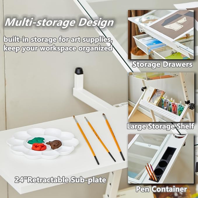 Drafting Table, 0-75° Tilting Glass Tabletop Drawing Table with Stool - Adjustable Height Art Desk with Multi-Storage for Sketching and Painting - Perfect for Artists and Hobbyists, White