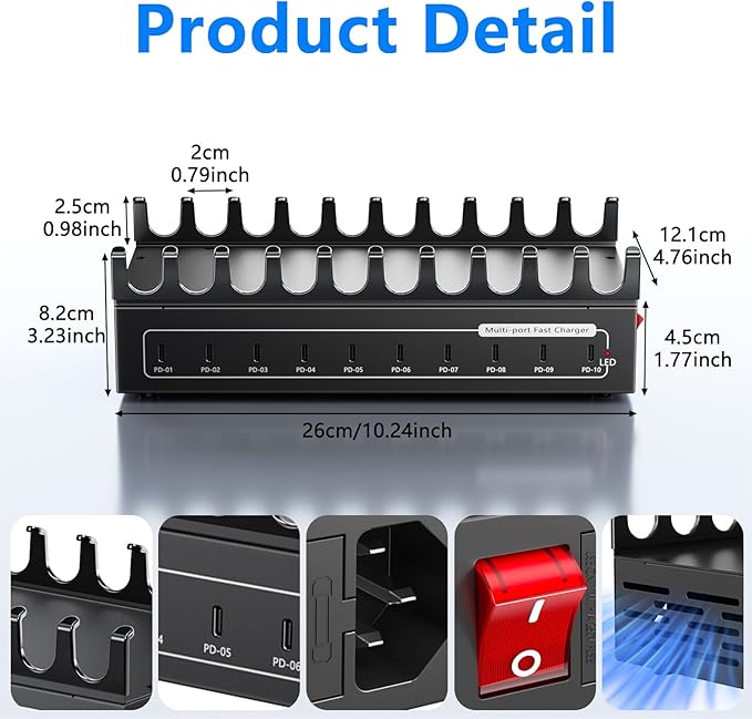 200W Charging Station for Multiple Devices, USB C Fast Charger Station, 10 Ports Desktop Multi-Port Fast Charger with Storage Dividers, Compatible with Cellphone, Kindle, Tablet, iPhone, iPad and More
