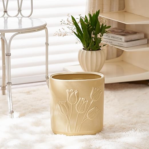 Beige Ceramic Tulips Small Bathroom Trash Can 2.6 Gal (10 Liter) - Heavy & Decorative Garbage Bin for Bathroom, Kitchen, Office, Bedroom & Living Room Corner