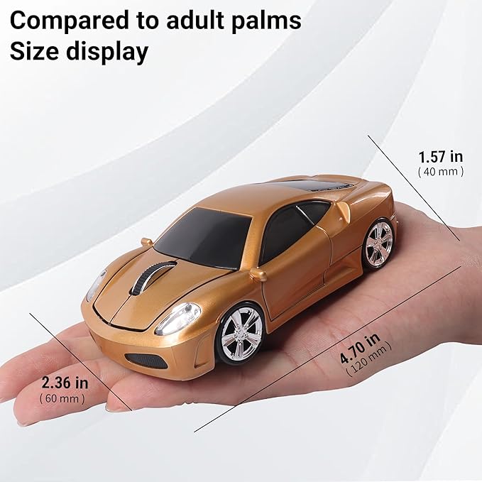 elec Space Wireless Mouse 2.4GHz Cool Sport Car Shape Wireless Mouse Optical Cordless Mice with USB Receiver for PC Laptop Computer 1600 DPI 3 Buttons Gold