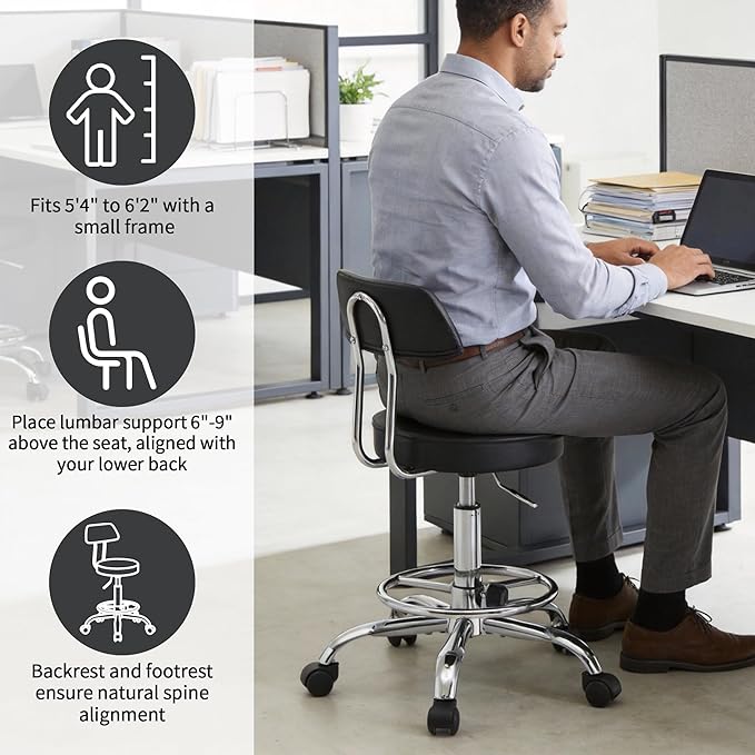 FIRAVOE Office Chair with Back (Adjustable Height Posture Stool 19.5"-26.6")(Drafting Chair on Wheels) Work Stool with Footrest (Black)