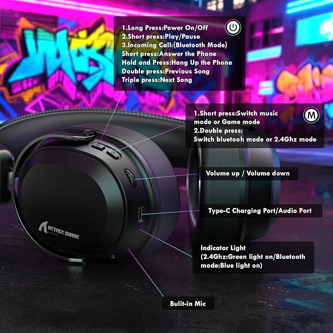 ATTACK SHARK L30Pro Wireless Gaming Headset with 2.4Ghz/BT/Wired, Long Battery Life with Detachable Microphone 7.1 Surround Sound Ultra-Low Latency for PC/PS5/Xbox/Switch/Mobile Black