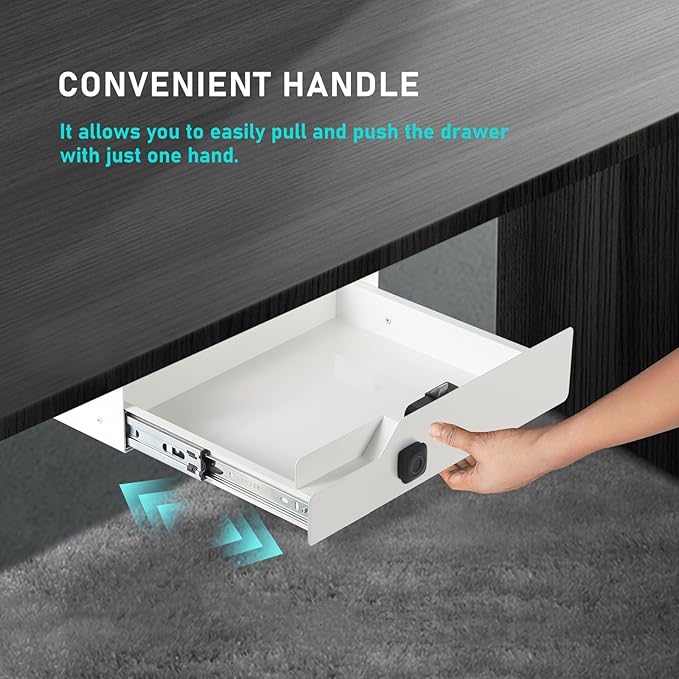 Under Desk Drawer with Biometric Fingerprint Lock, Metal Undermount Table Drawer, Slides Out Tray Organizer for Paper, Pencil, and Laptop 16"x11.8"x3.6", White with Fingerprint Lock