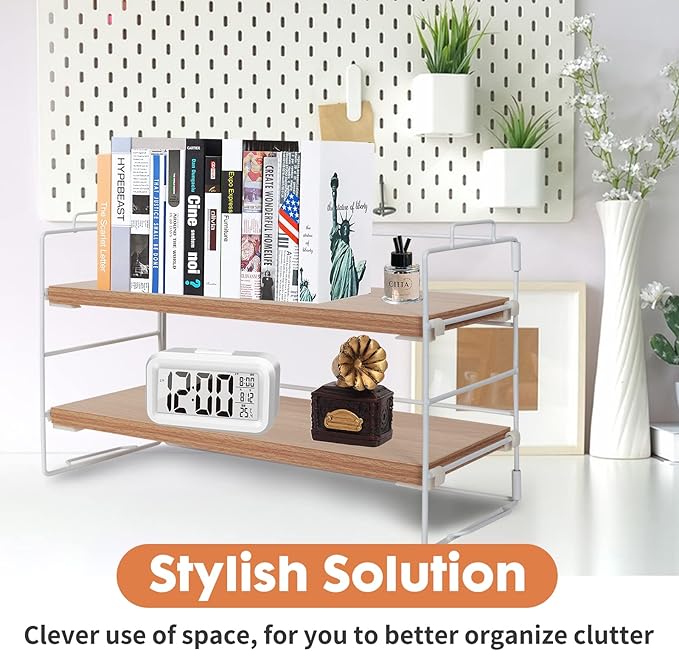PowerKing Desk Shelf Organizer, 2-Tier Desktop Shelves with Wood Board, Adjustable Bookshelf Storage Rack for Home Office School Study Room (White Frame + Original Wood)