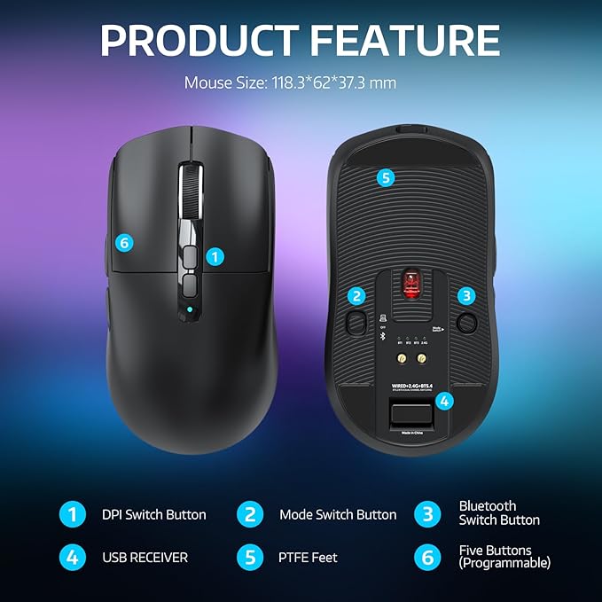 ATTACK SHARK X6 49g Superlight Wireless Gaming Mouse with Magnetic RGB Charging Base, Ultralight Mice PixArt PAW3395 Sensor, 26000DPI, BT/2.4G Wireless/Wired Mouse, 200Hrs Battery for Win/Mac