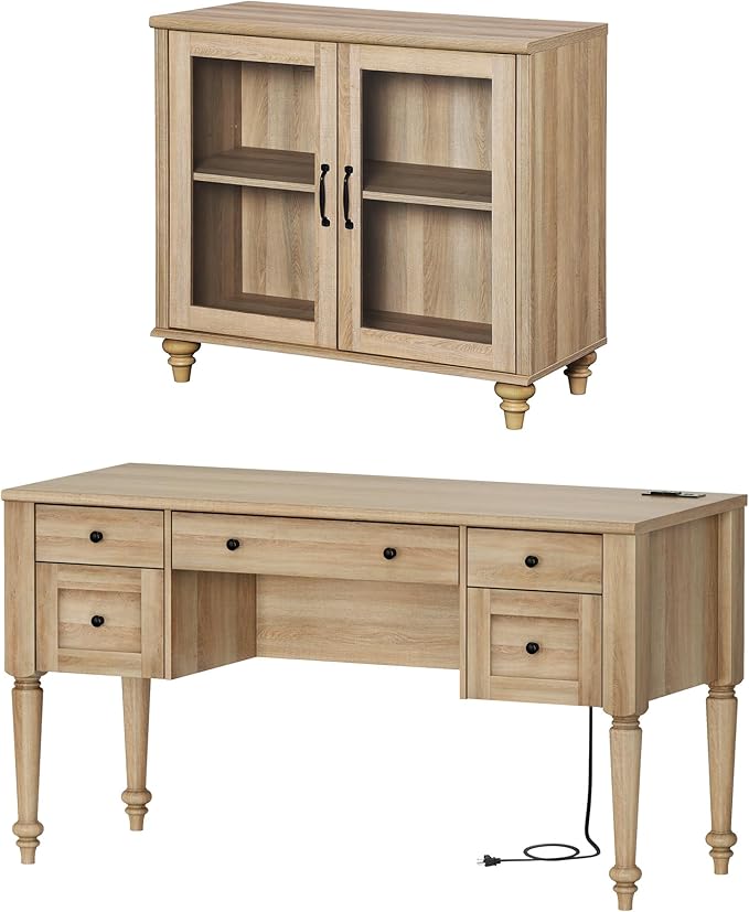 WAMPAT Home Office Furniture Set, 56'' Executive Desk with Charging Station, Farmhouse Cabinet with Glass Doors, Wood Computer Desk with File Cabinet, Open Shelf, Oak