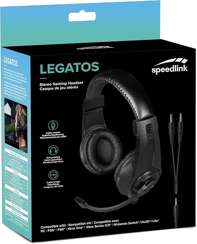 Speedlink LEGATOS Gaming Headset Wired - Lightweight Headset with Microphone and Cable Remote Control, Compatible with PC, PS5, PS4, Xbox, Switch, 3.5 mm Jack Plug with Y Adapter, Black