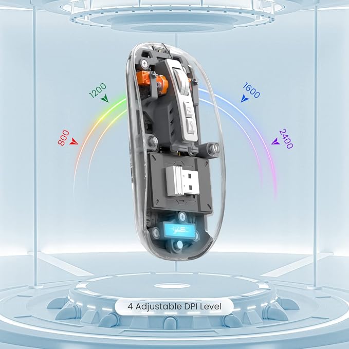 A.JAZZ Wireless Bluetooth5.1&2.4G Mini Lightweight Mouse,Transparent Clear Cool,Rechargeable Silent Computer Mice,Nano USB C Receiver,LED Battery Magic Silm for Office/PC/Mac/Laptop/Apple/ipad(Grey)