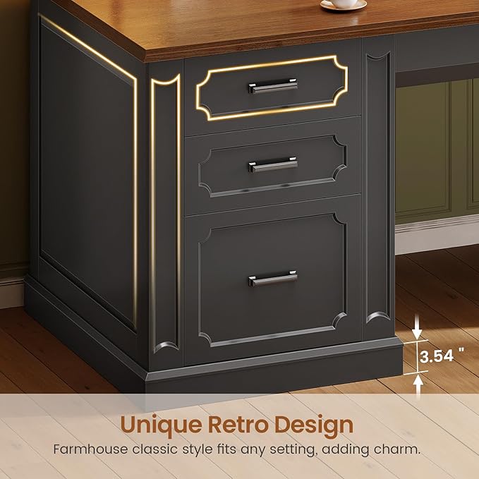 SEDETA Farmhouse L Shaped Desk with Hutch, 67" Executive Home Office Desks with 4 Drawers & Storage Cabinet, Corner Computer Desk with Sliding Doors, File Drawer & Power Outlet, Black+Brown