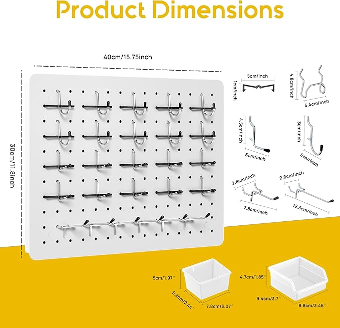 Peg Board for Tools, 6 Pack Metal Pegboard Wall Organizer with Hooks,16"×12" White Pegboard Panels for Walls Home, Garage Tool Storage, Kitchen, Office Organization, Craft Room